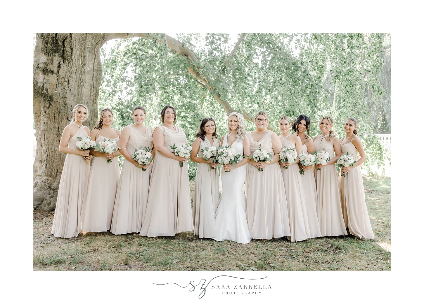 bride and bridesmaids pose under weeping willow at The Elms 