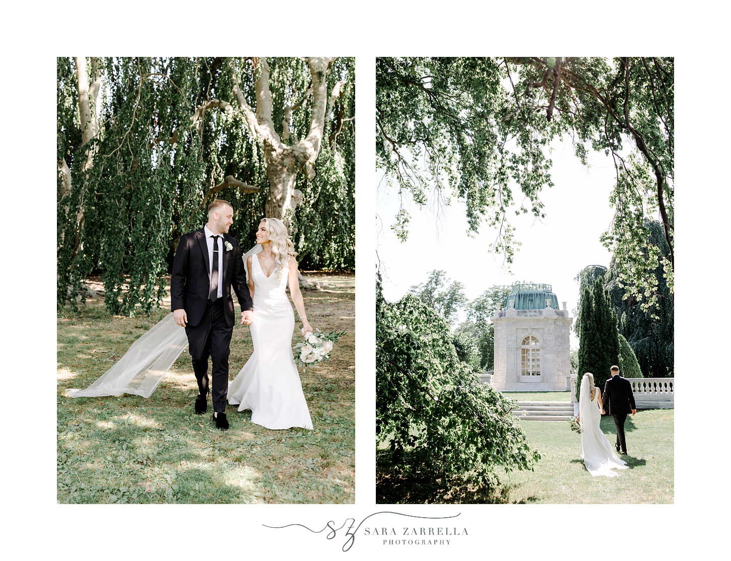 bride and groom walk on lawn at The Elms
