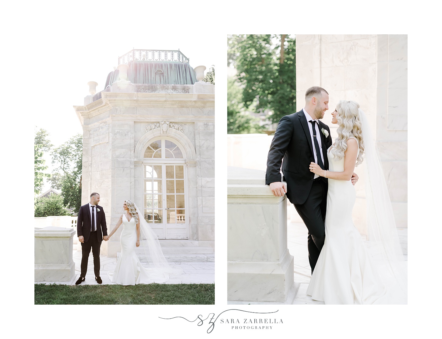 newlyweds lean against stone building at The Elms