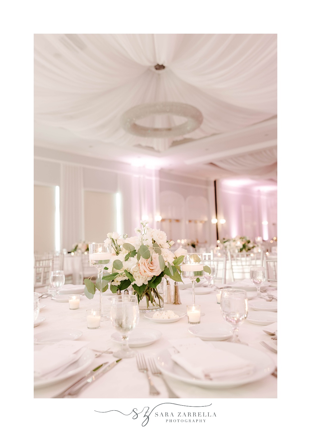 Gurney's Newport Resort wedding reception centerpieces with pink and ivory flowers 