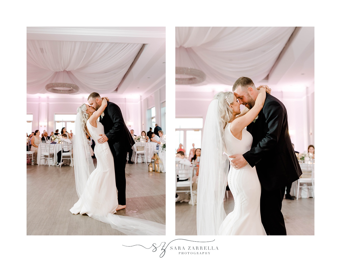 bride and groom kiss on dance floor in Rhode Island 