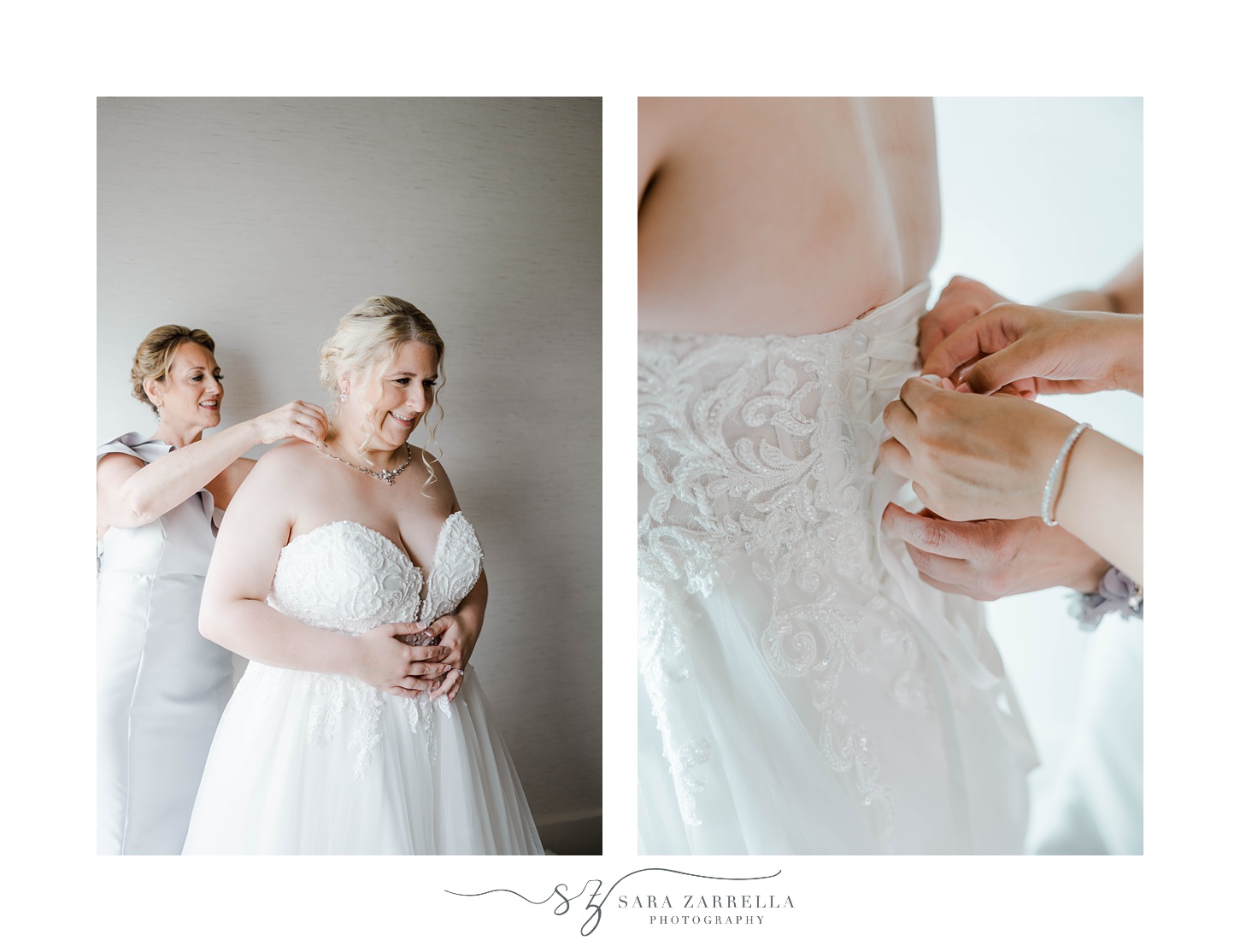 mother helps bride with wedding gown before Gurney’s Newport wedding