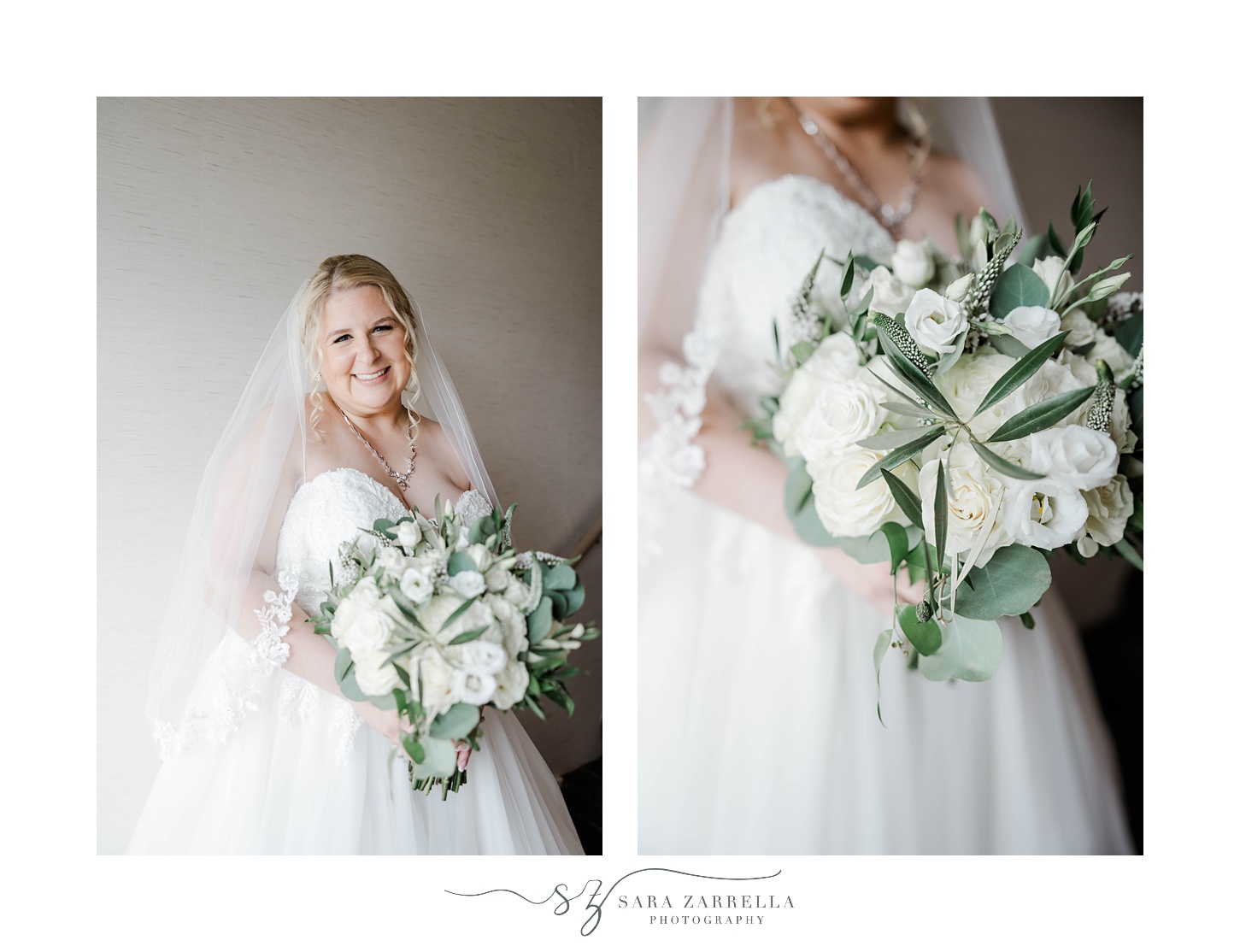 bride stands holding white bouquet in Gurney's Newport Resort 