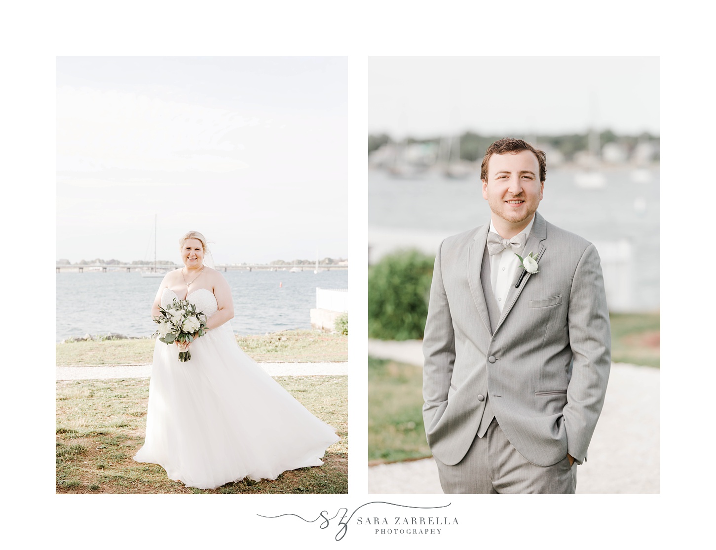 bride and groom portraits by waterfront in Rhode Island