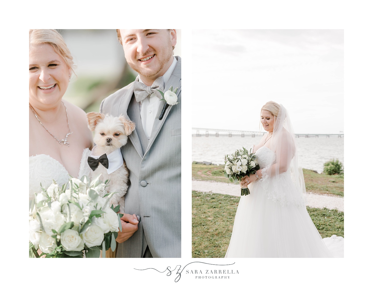 bride and groom pose with dog at Gurney’s Newport