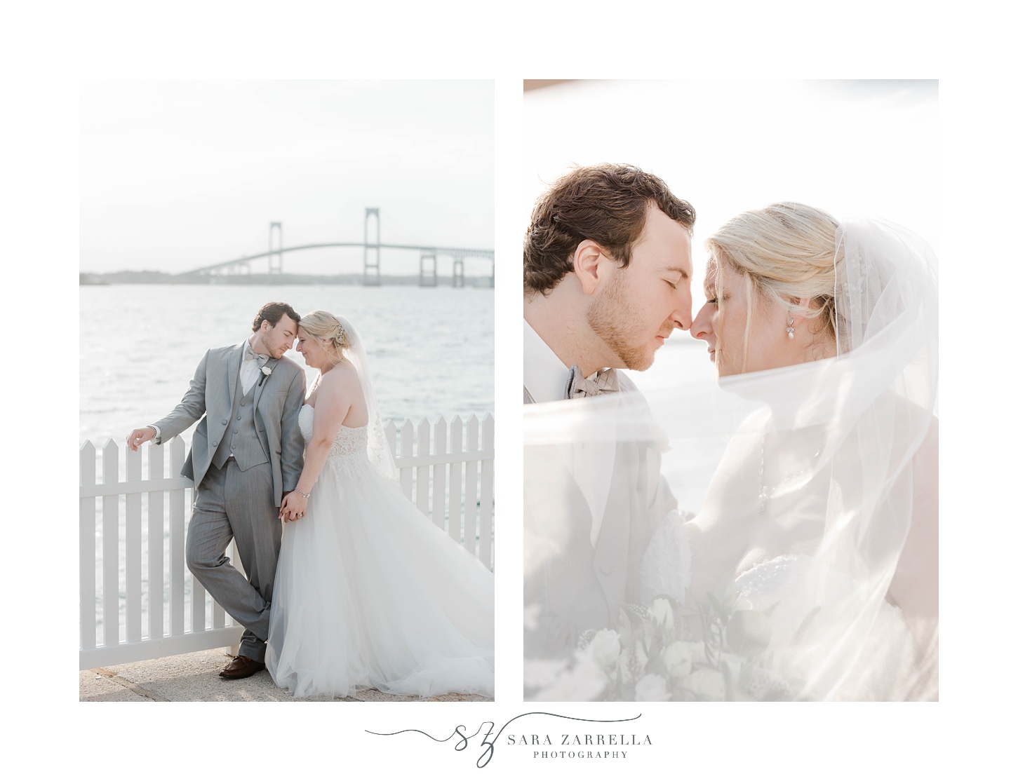 bride and groom lean noses together at Gurney’s Newport