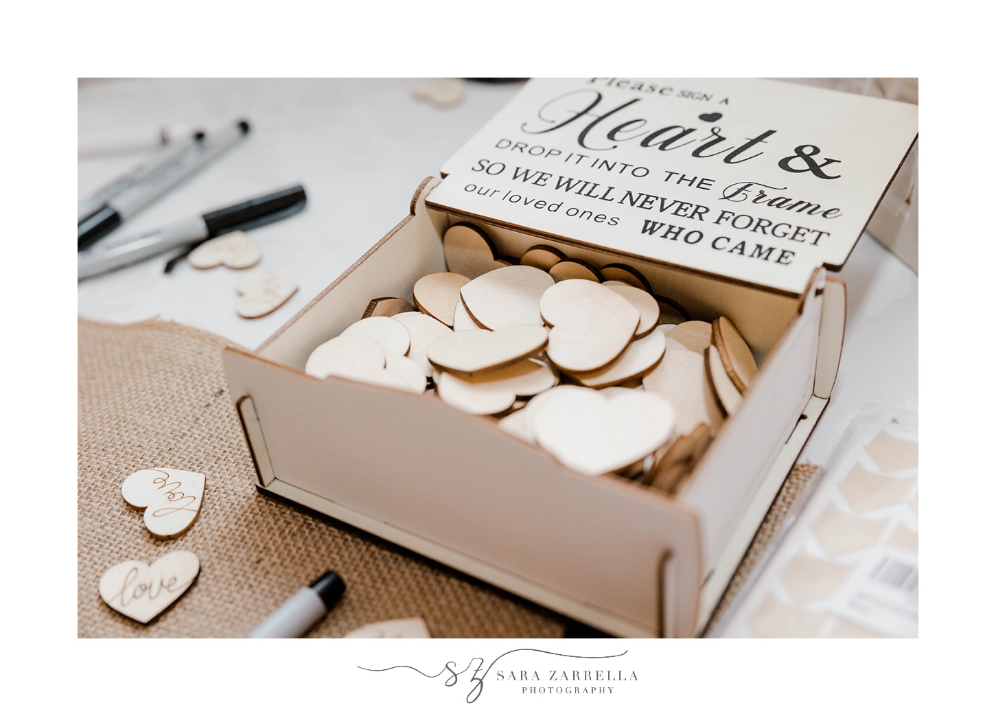 guest book with wooden hearts