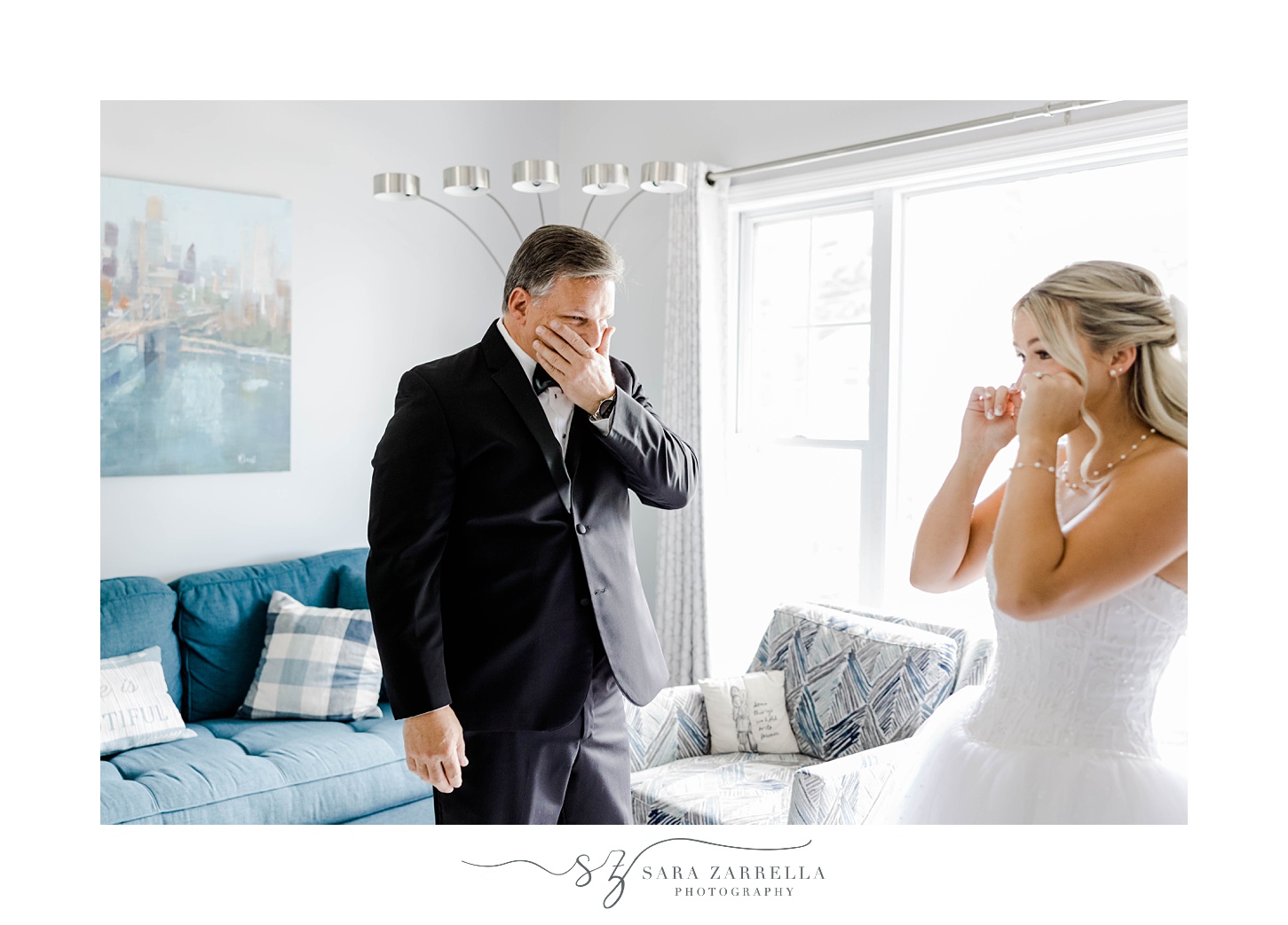 bride and dad cry during first look before Harbor Lights wedding
