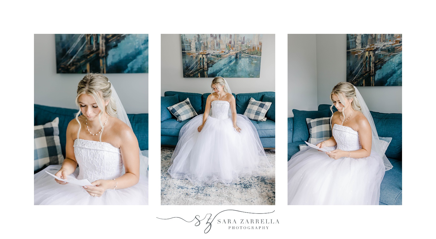 bride sits on teal couch in wedding gown