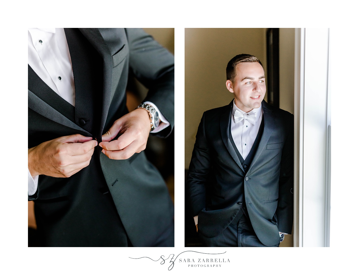 groom leans against window in black jacket with white tie