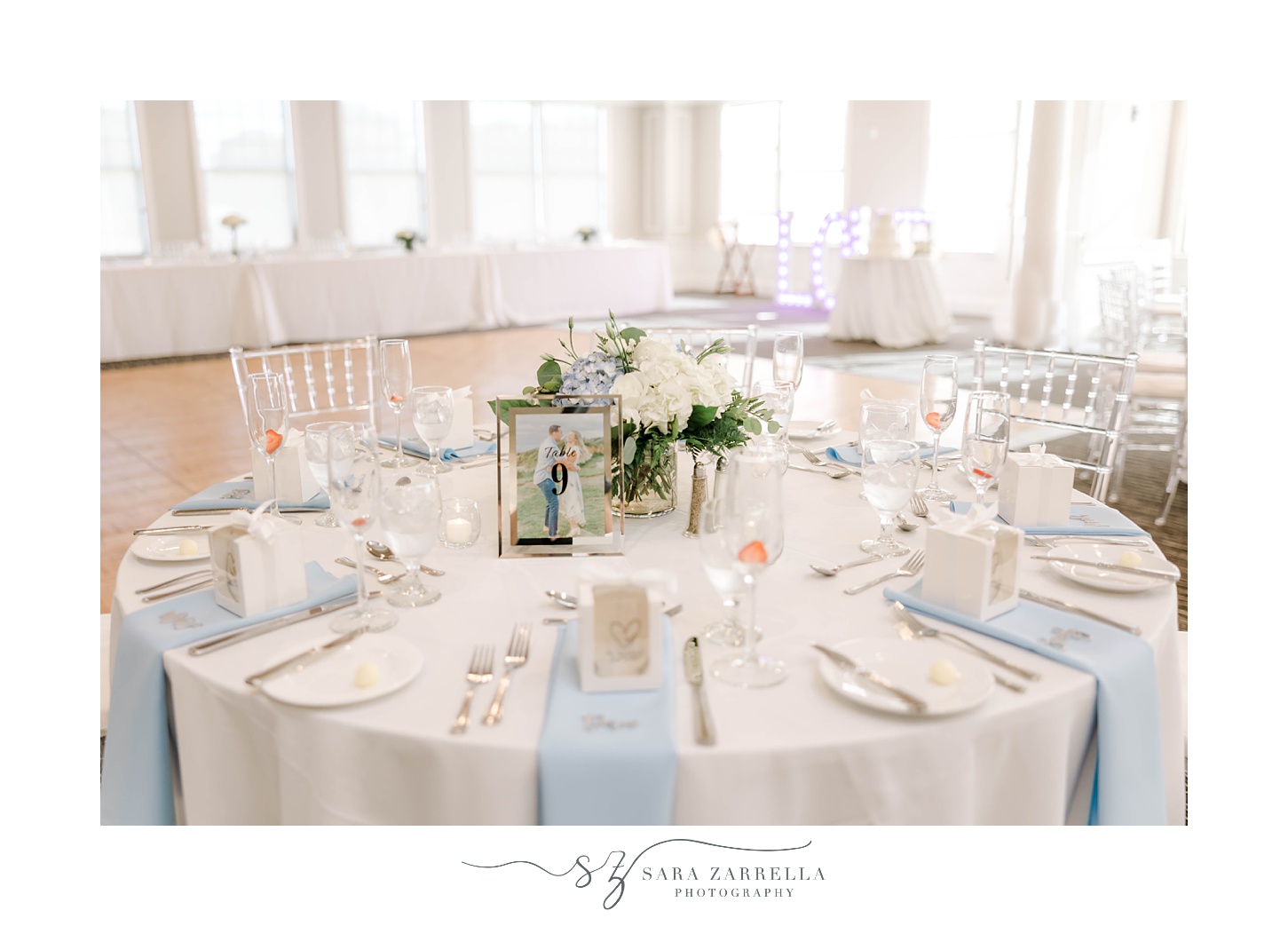 Warwick RI wedding reception with blue and ivory details 