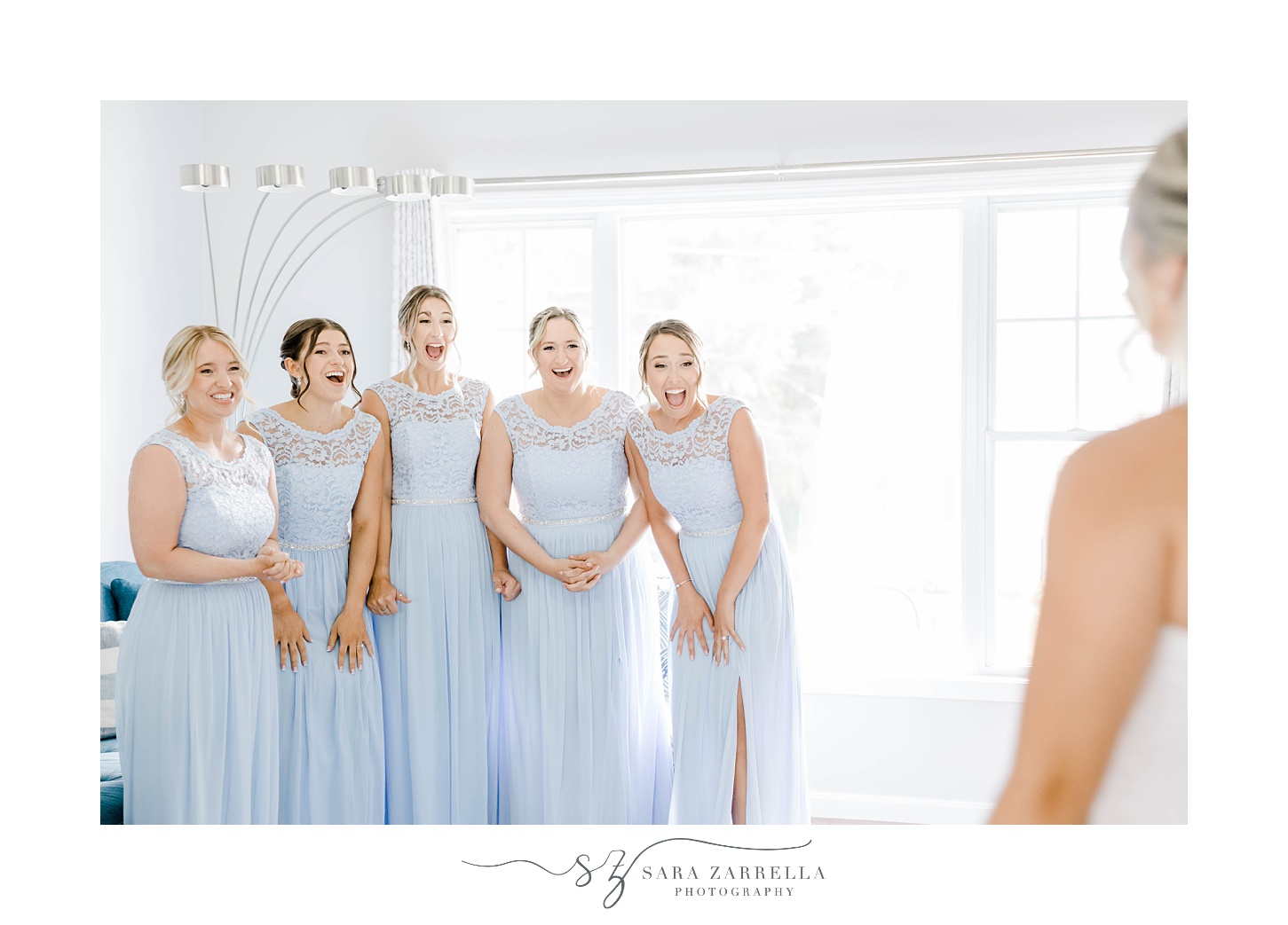 bridesmaids first look with bride in Rhode Island