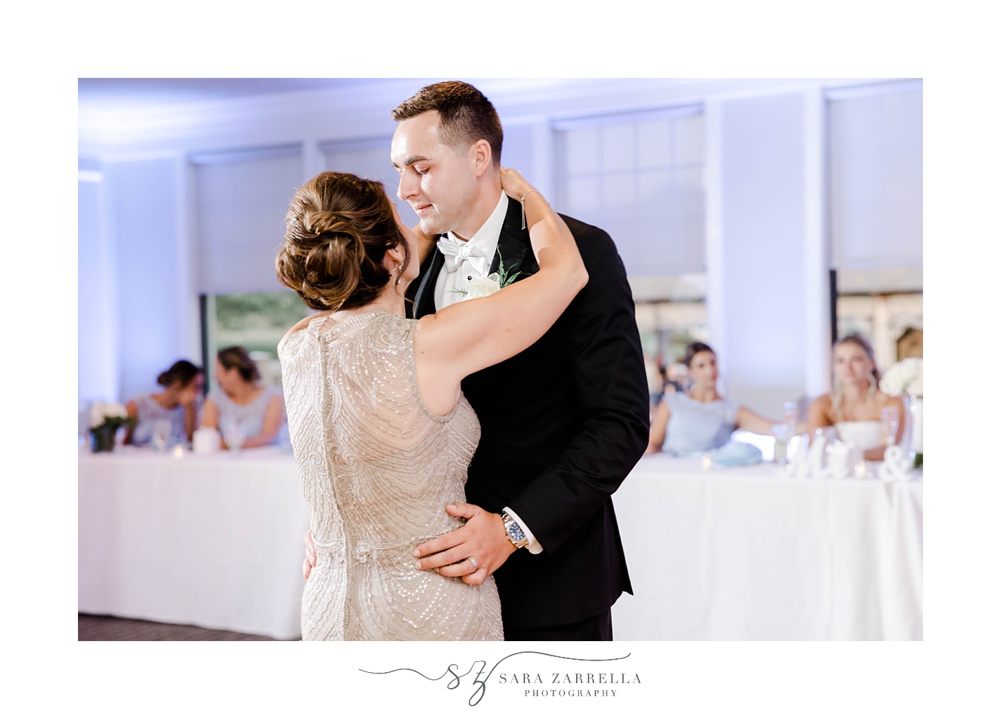 groom dances with mother during RI wedding reception