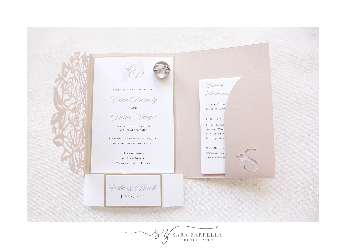 pink and ivory wedding stationery for Harbor Lights wedding day