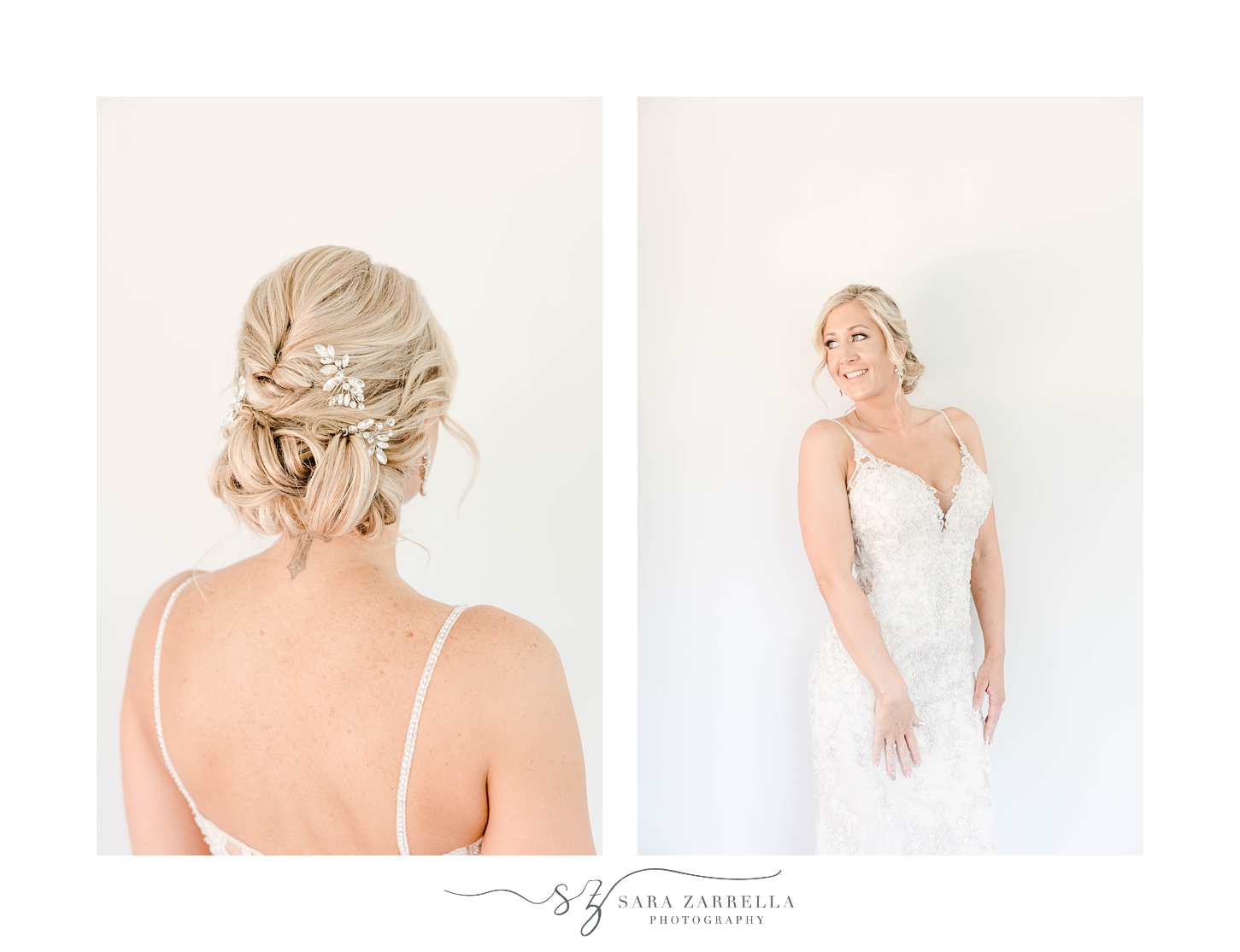 bride poses against white wall showing off wedding gown and updo