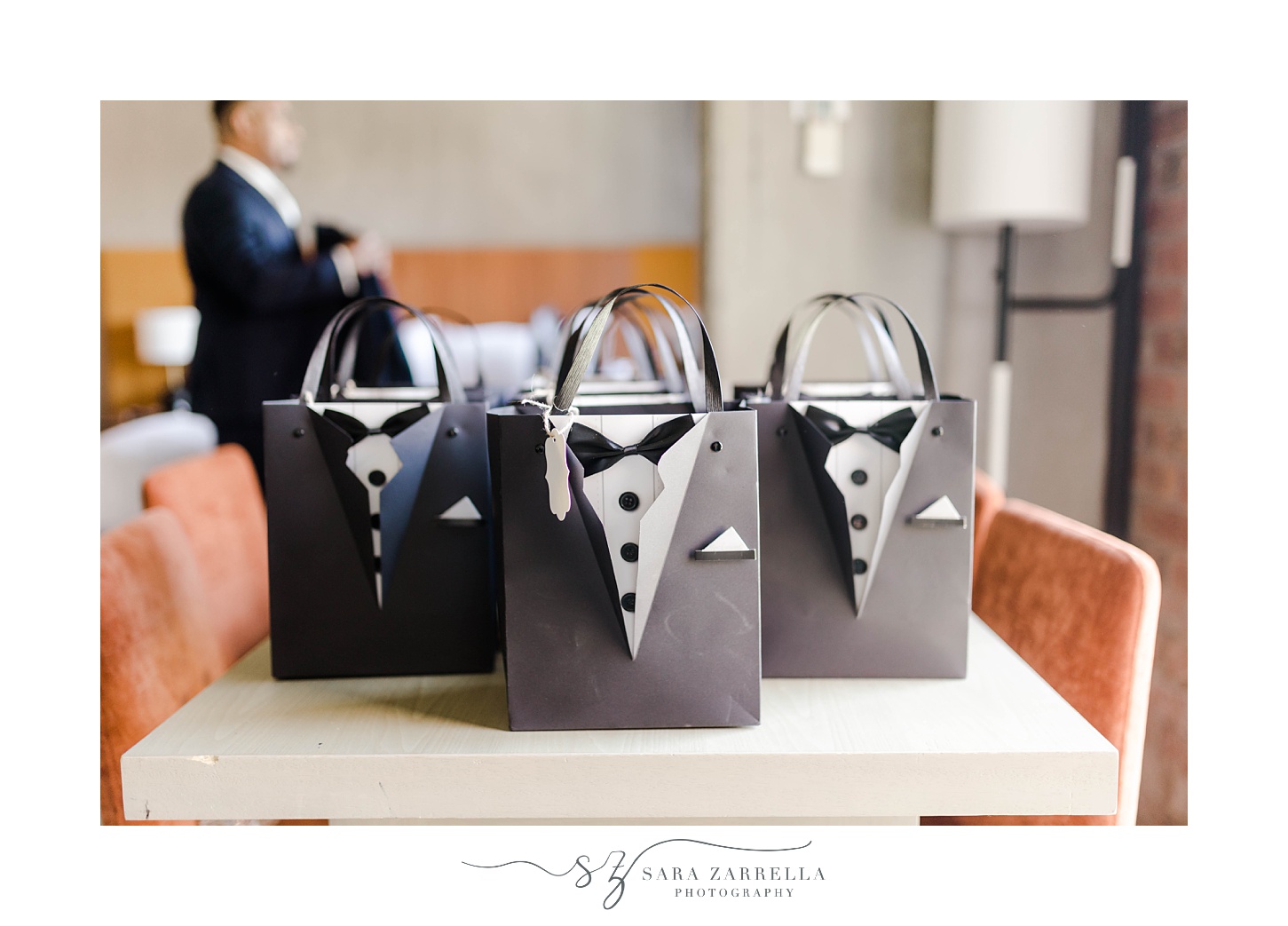 tuxedo bags for groomsmen gifts at Harbor Lights