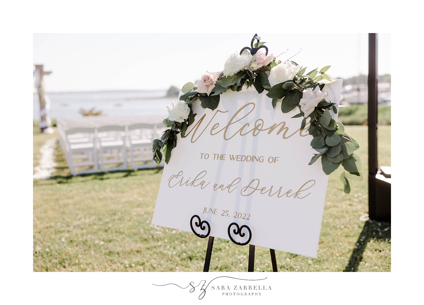 welcome sign for waterfront wedding ceremony in Warwick RI