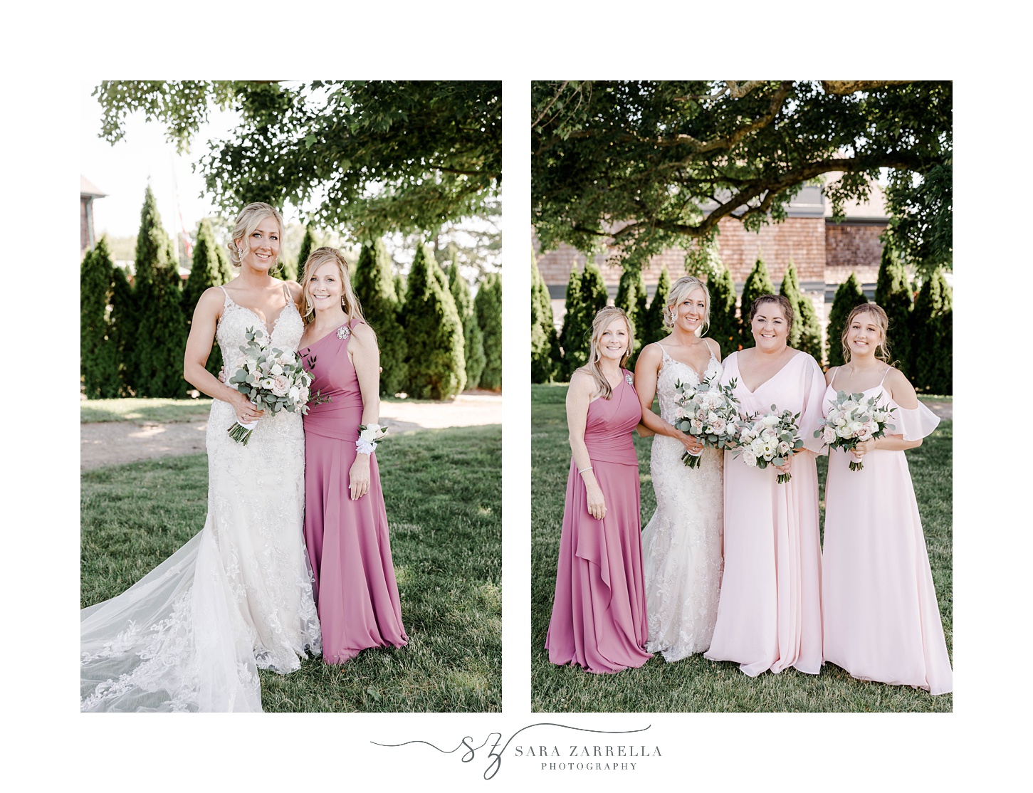 bride poses with bridesmaids and mother in pink gowns