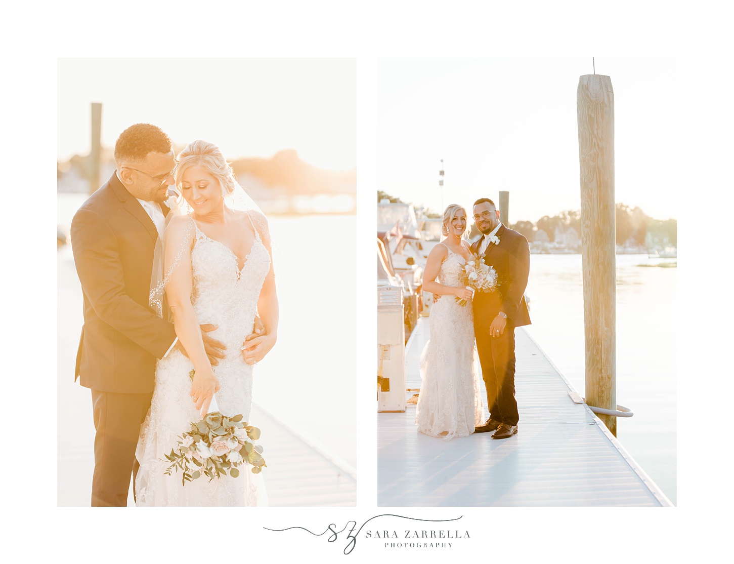 sunset portraits on dock in Warwick RI for bride and groom