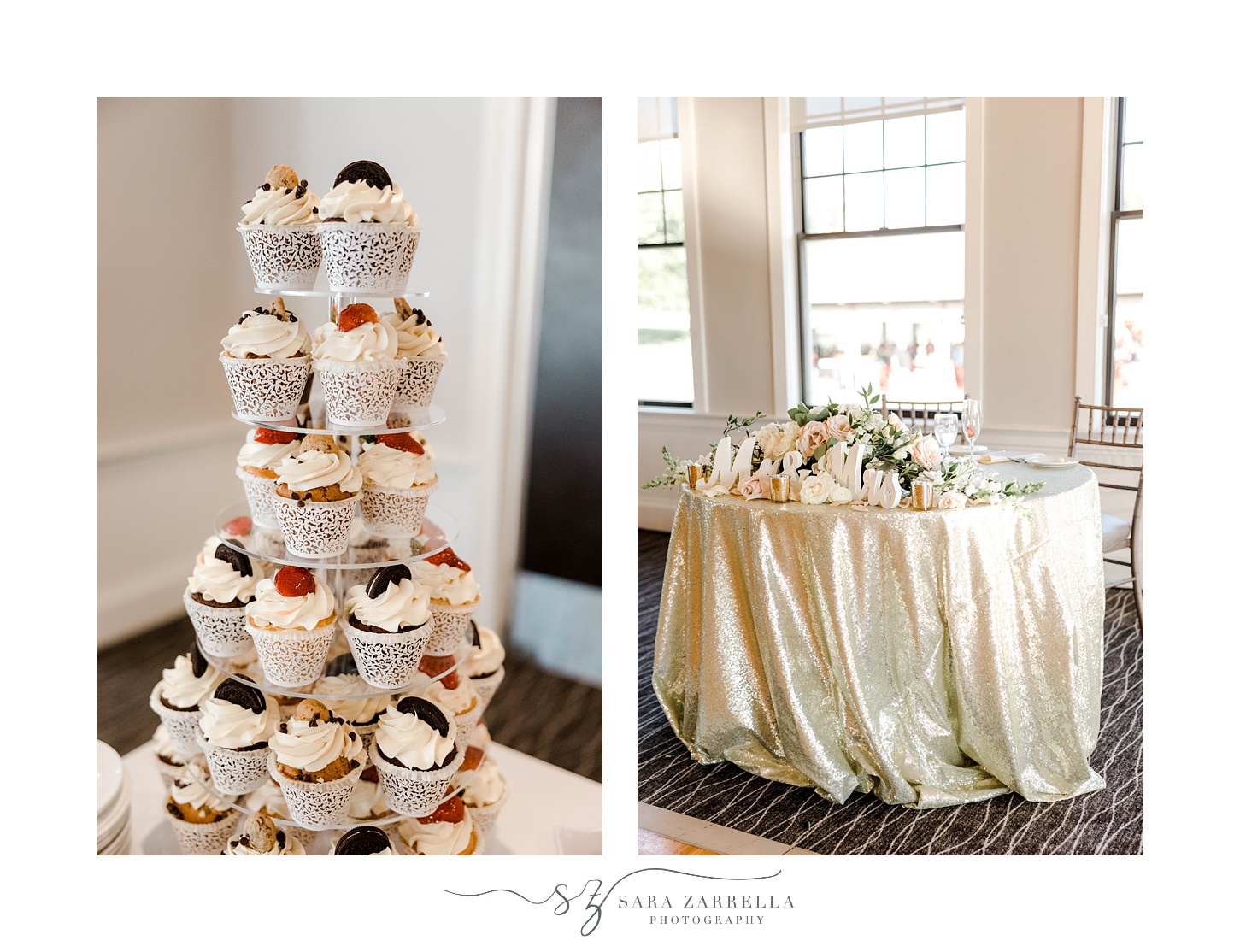 cupcake tower and sweetheart table with gold tablecloth