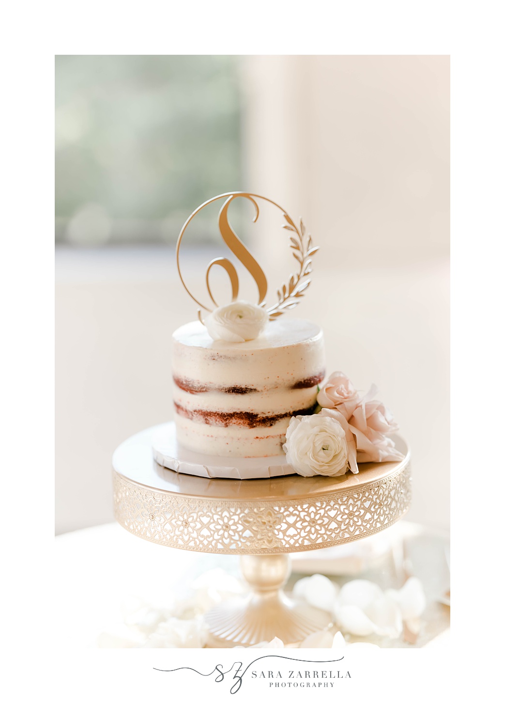 custom wedding cake topper with "S" on naked cake at Harbor Lights