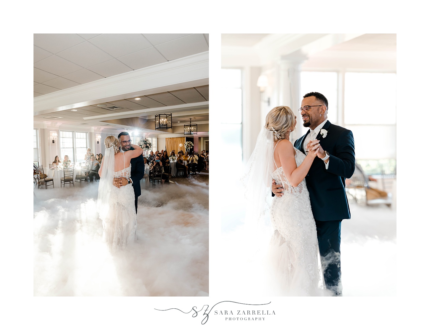 bride and groom dance during Warwick RI wedding reception with fog around them