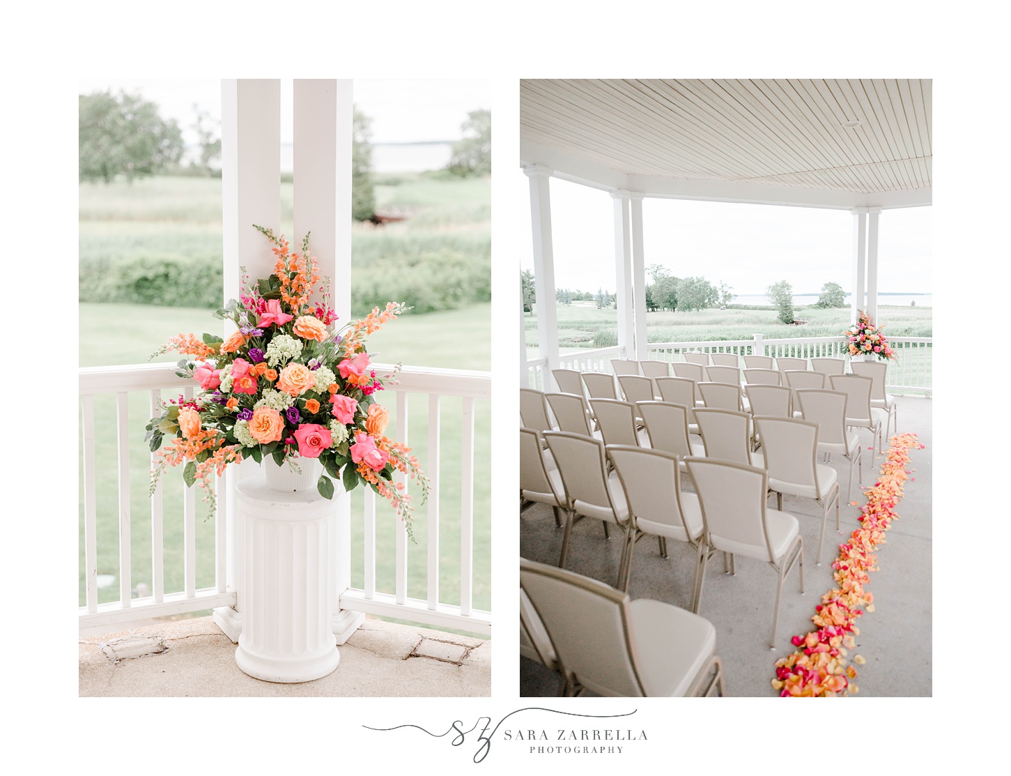 ceremony site at Quidnessett Country Club with pink and orange flowers 