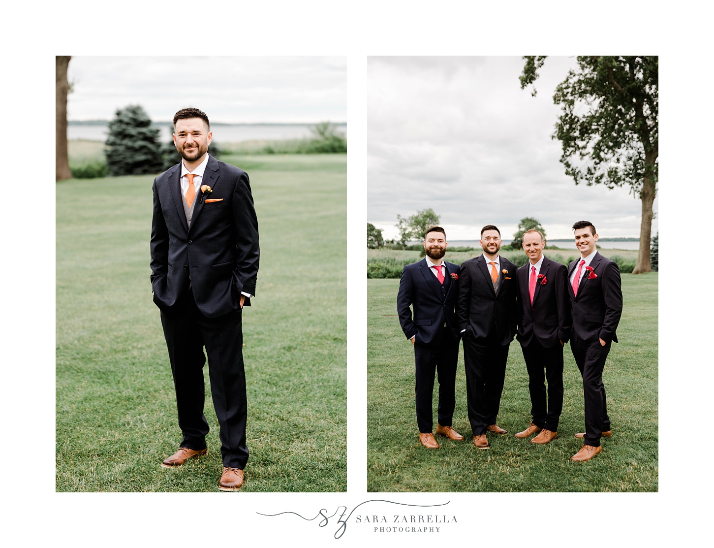 groom stands with groomsmen in black suits with pink ties at Quidnessett Country Club