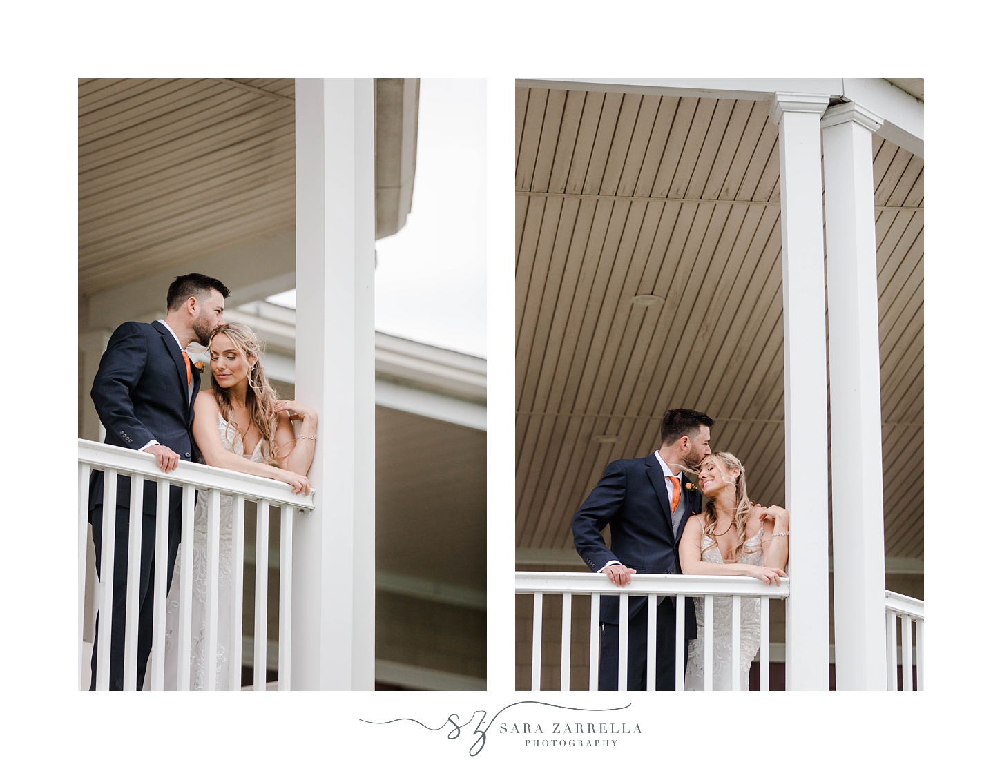 couple stands on wooden porch at Quidnessett Country Club