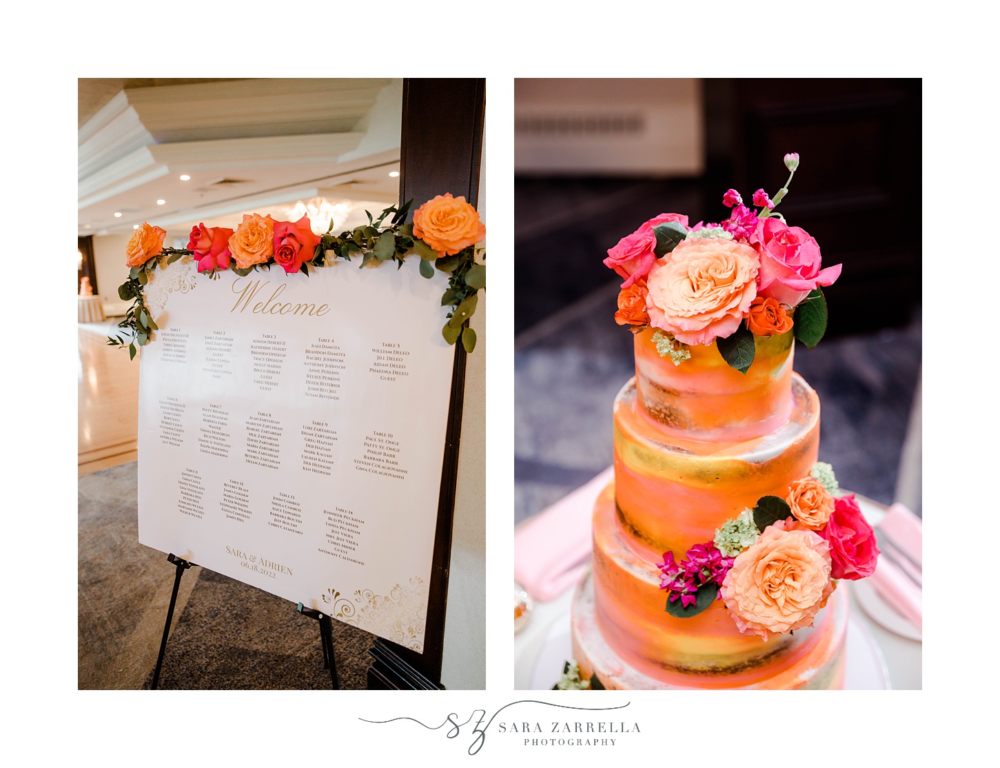 bright pink and orange flowers on cake at Quidnessett Country Club