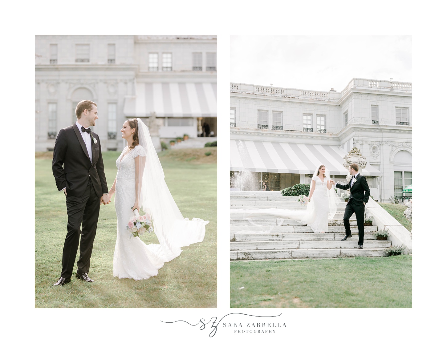 bride and groom hold hands on the lawn at Rosecliff Mansion