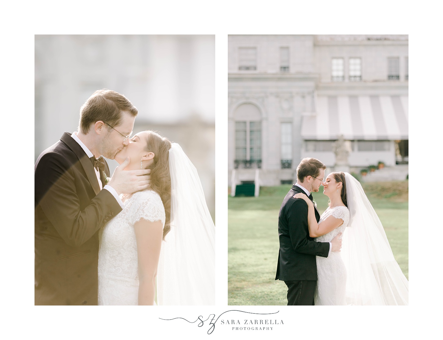 bride and groom kiss on lawn by Rosecliff Mansion