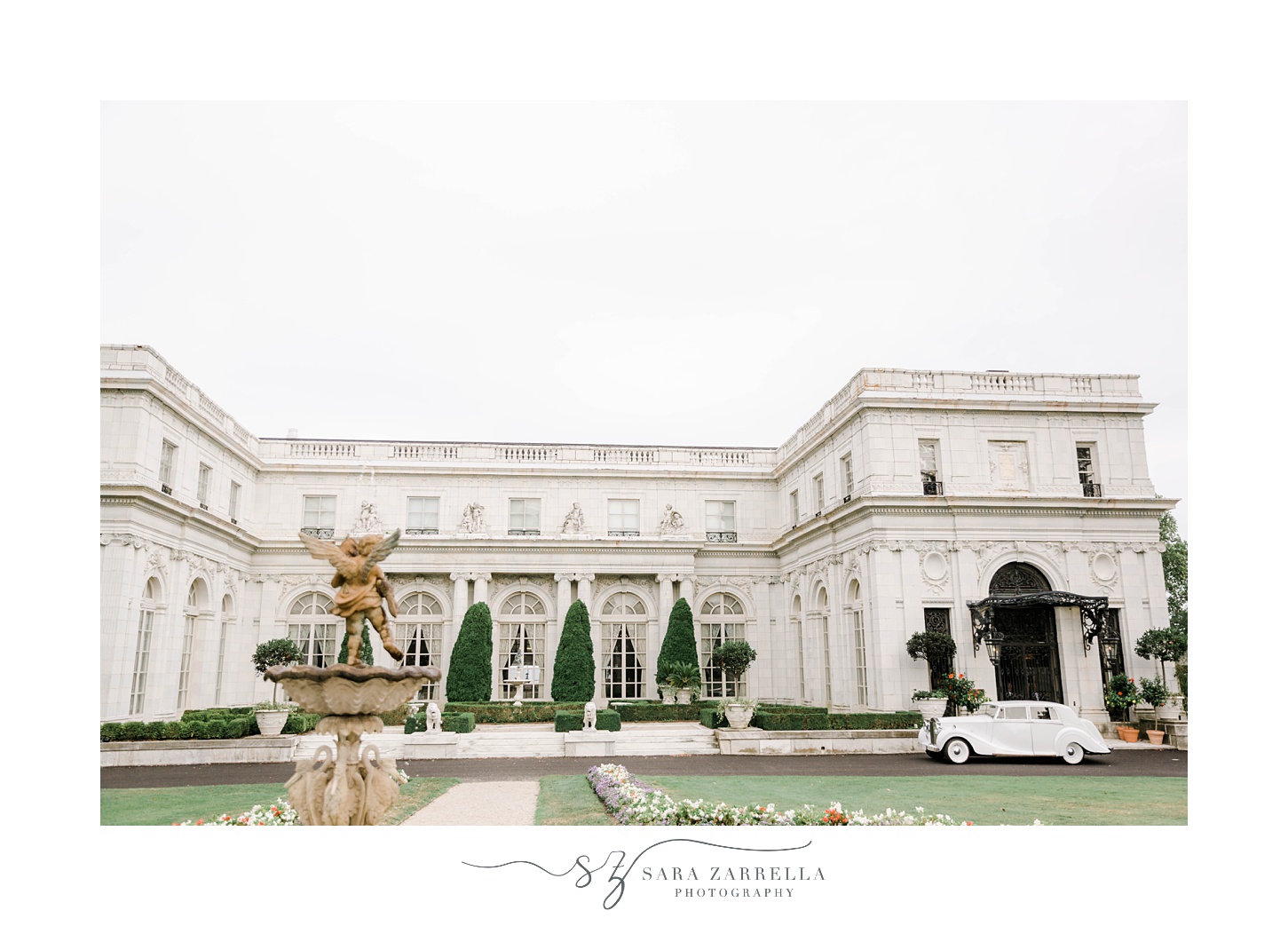 Rosecliff Mansion wedding day with classic car