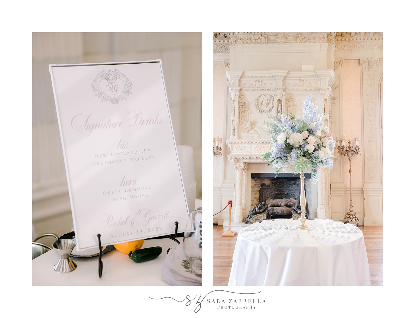 welcome sign and table with pink and blue flowers at Rosecliff Mansion