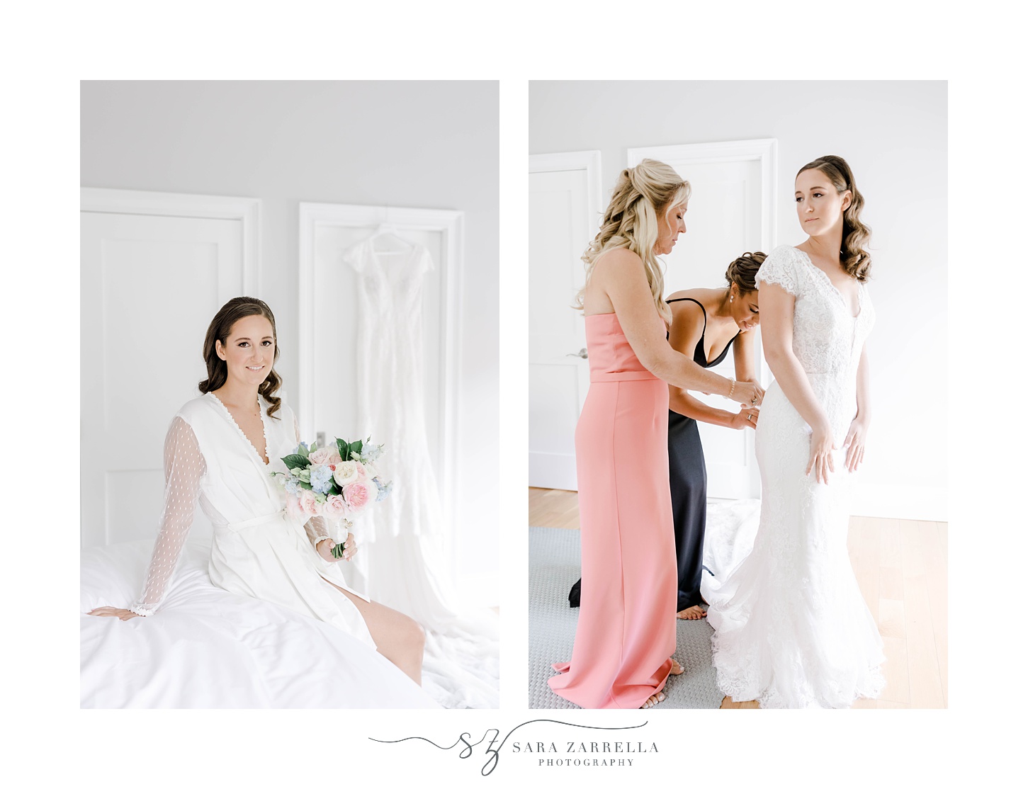 mother and bridesmaid help bride into gown