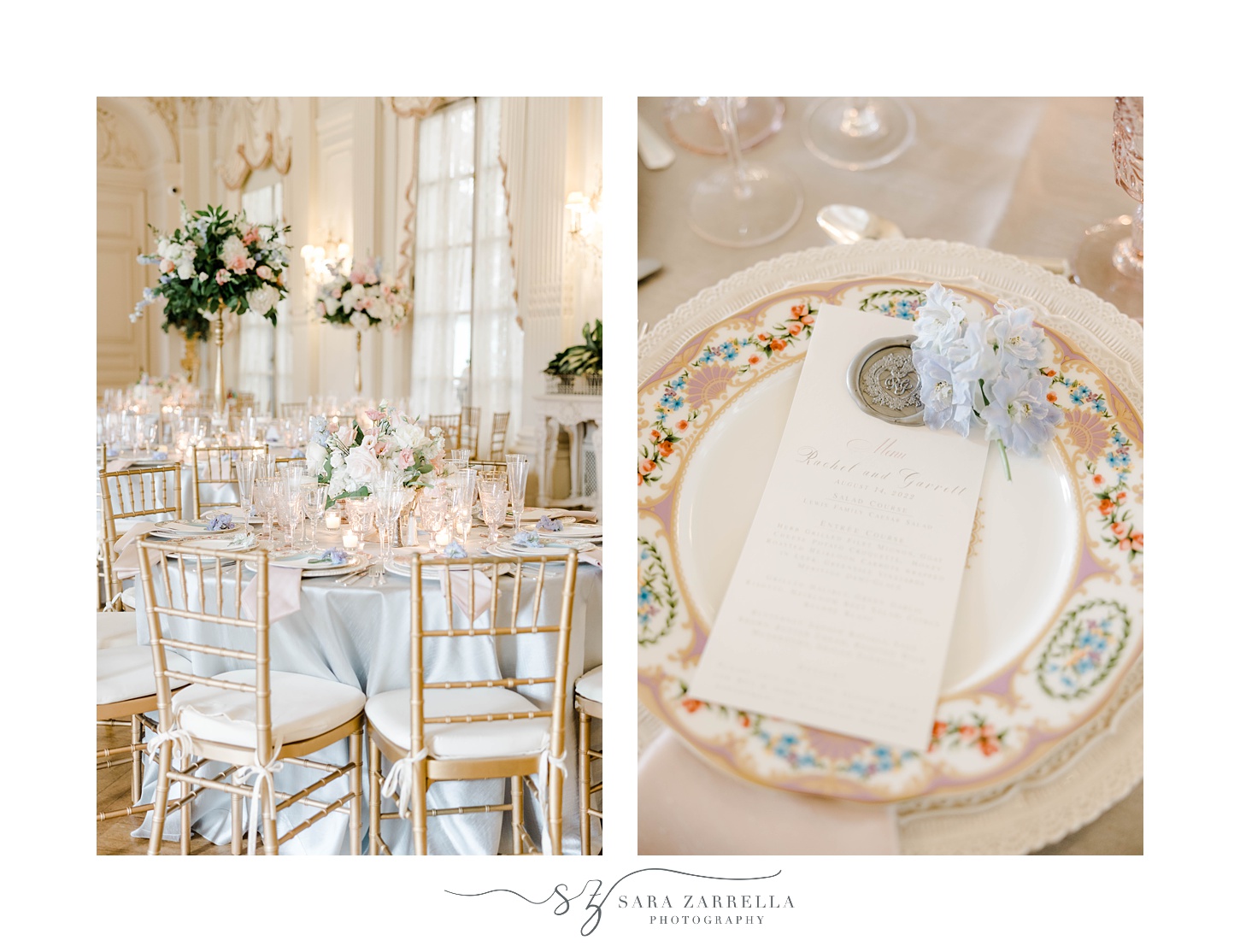 place settings with vintage plates at Rosecliff Mansion