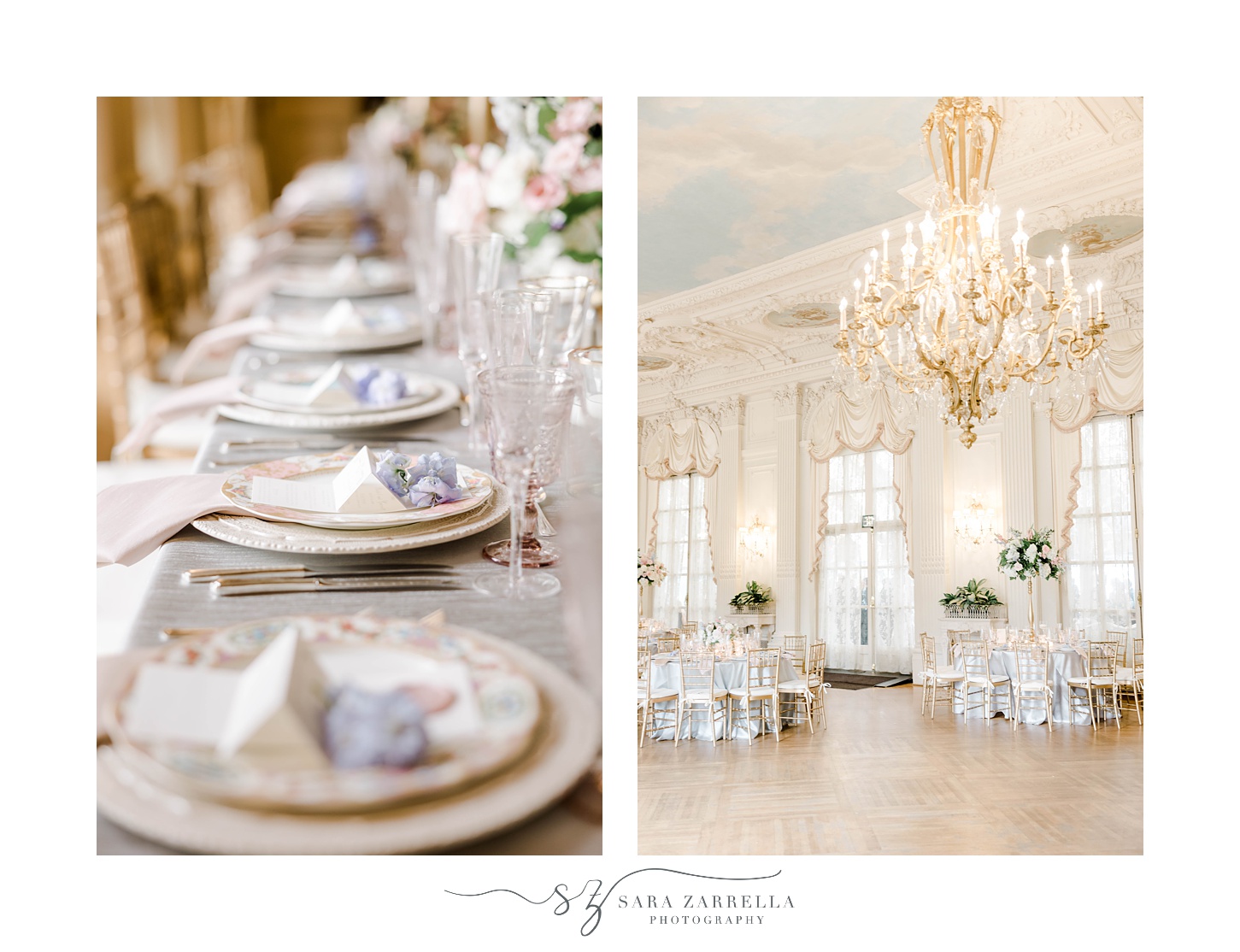Rosecliff Mansion wedding reception with pink and gold details 