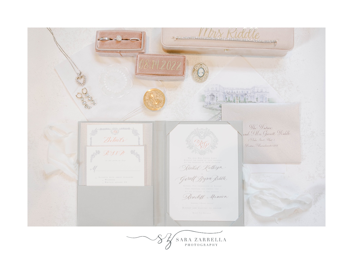 stationery for Rosecliff Mansion wedding 