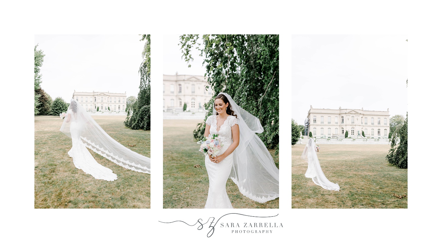 bridal portraits on the lawn of The Elms for bride in gown with cap sleeves