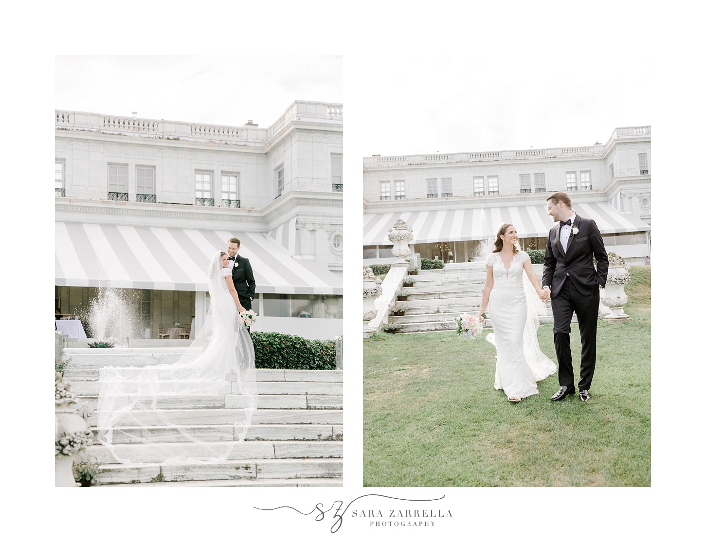 couple walks with Rosecliff Mansion behind them