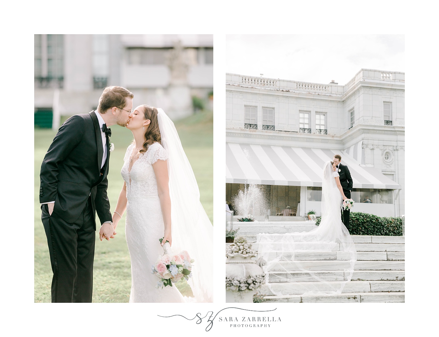newlyweds kiss by stone staircase