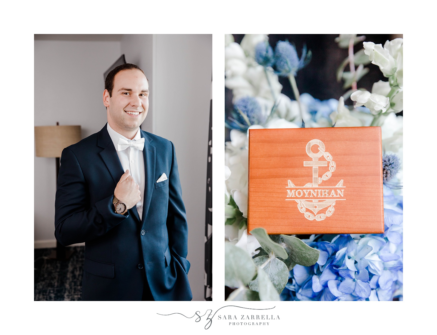 groom in navy suit holds lapel showing off new watch