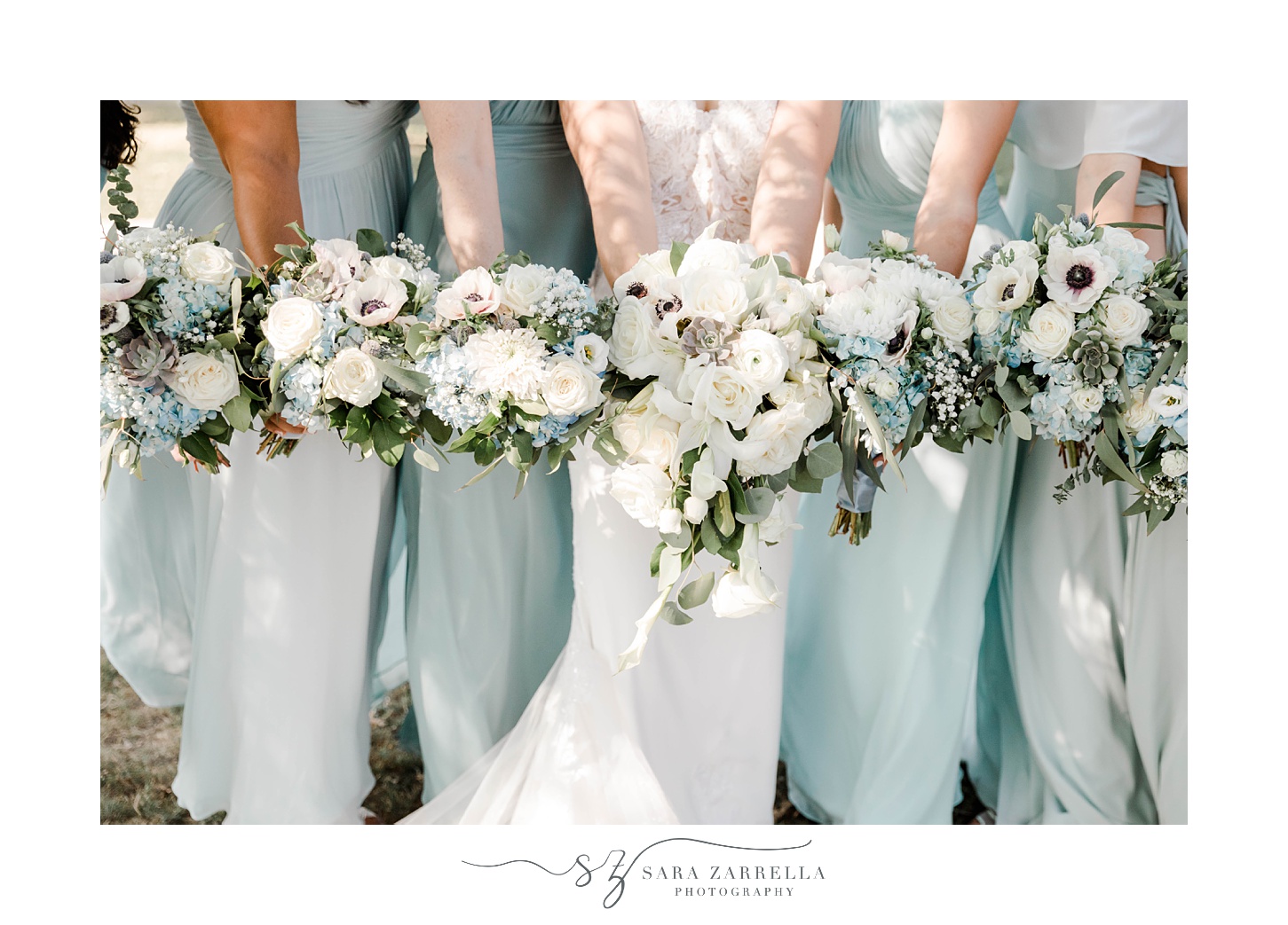 bridesmaids in light green gowns hold white bouquets at The Bohlin