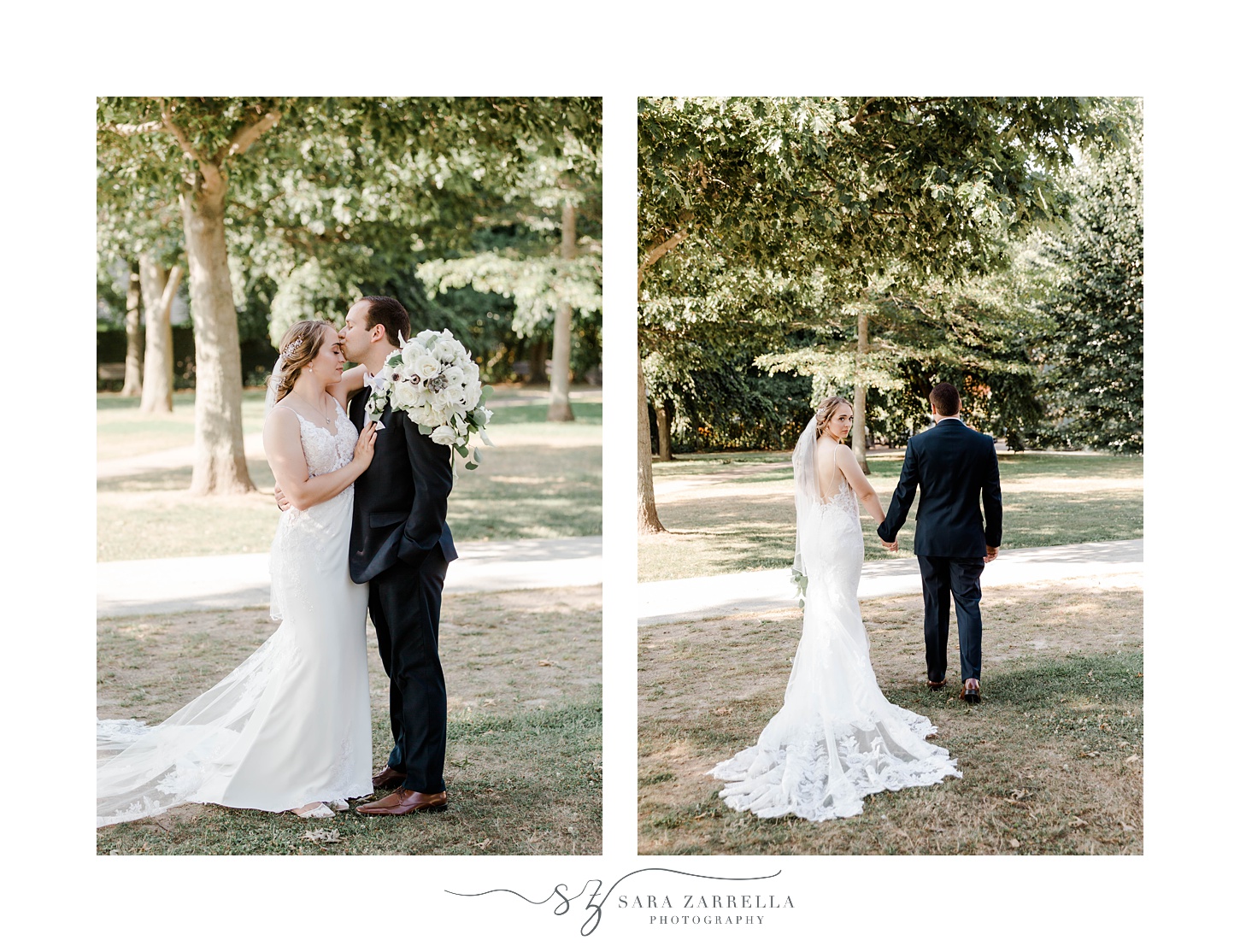 bride and groom kiss under trees on lawn at The Bohlin