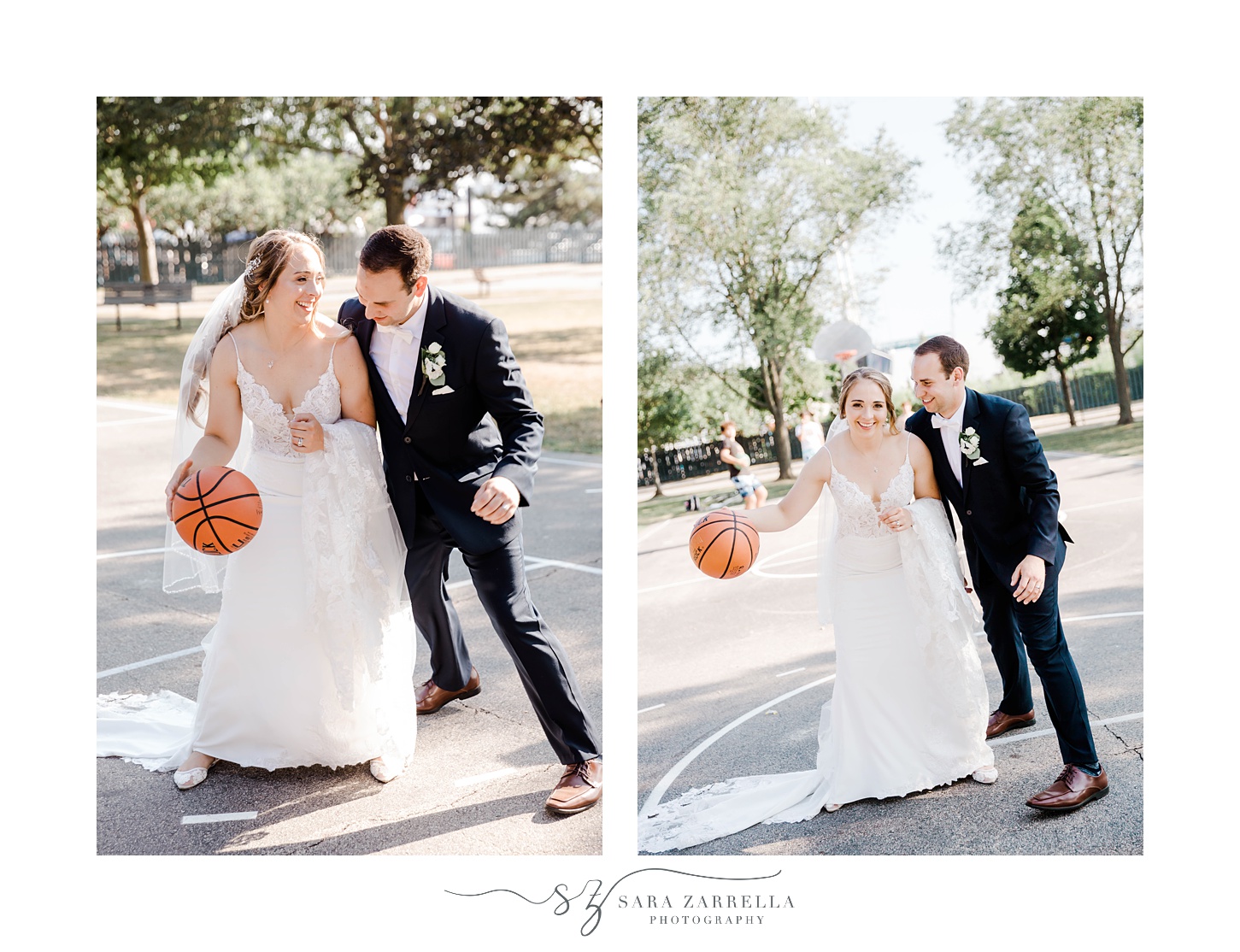 bride and groom play basketball in wedding portraits at The Bohlin