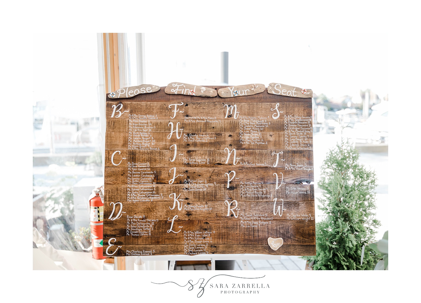 wooden seating chart for Rhode Island wedding reception 