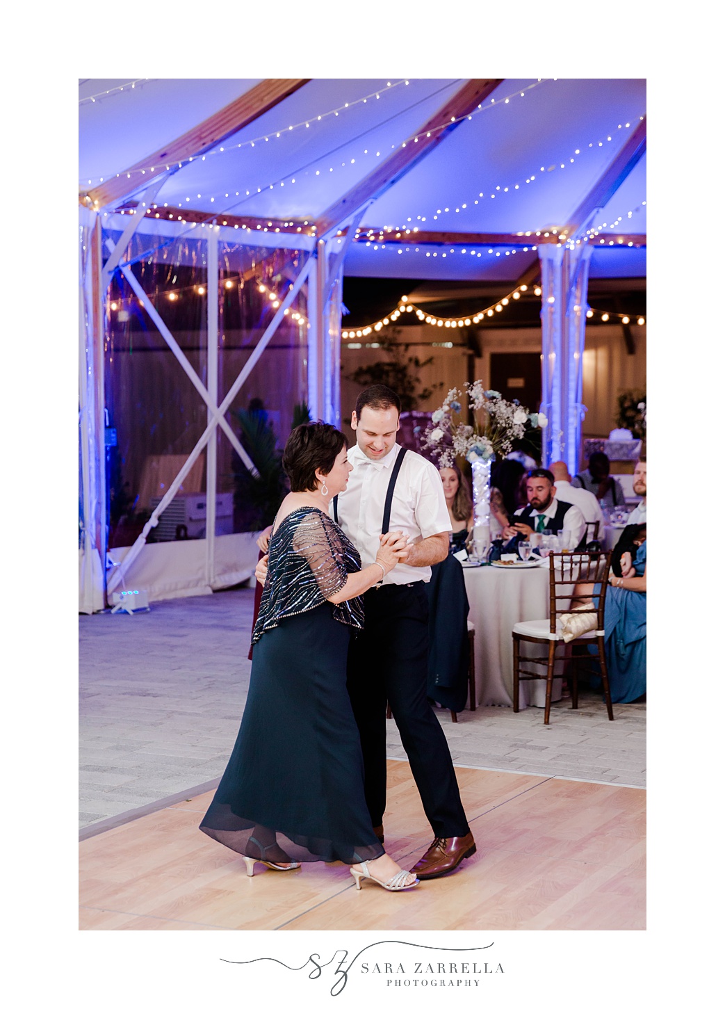 groom and mom dance during Newport RI wedding reception 