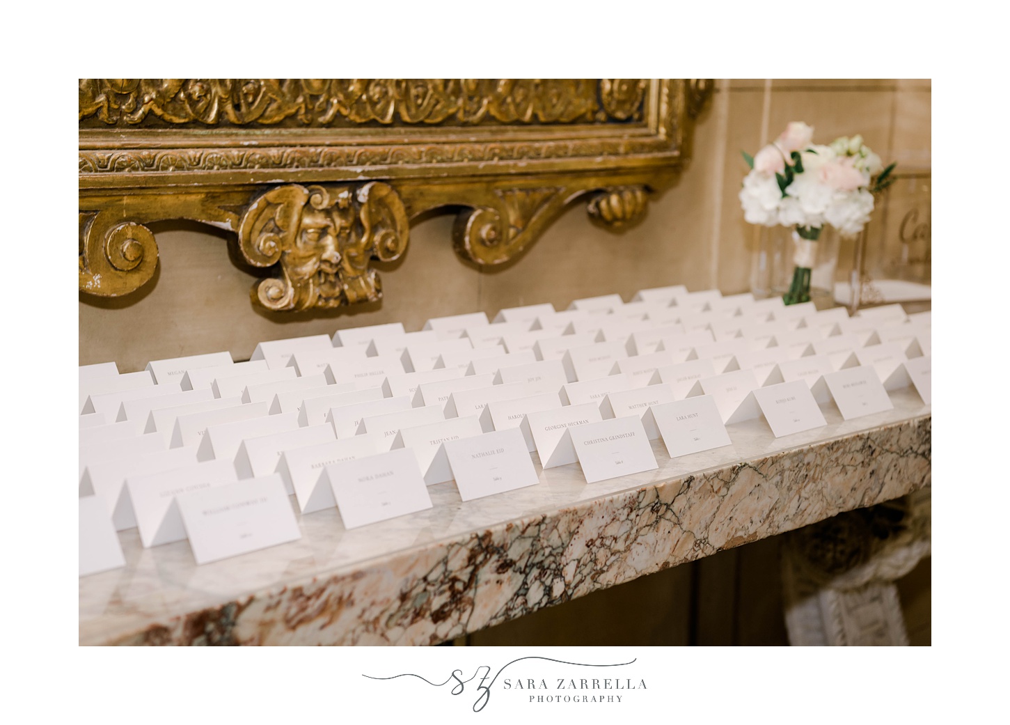 escort cards on marble table at Aldrich Mansion