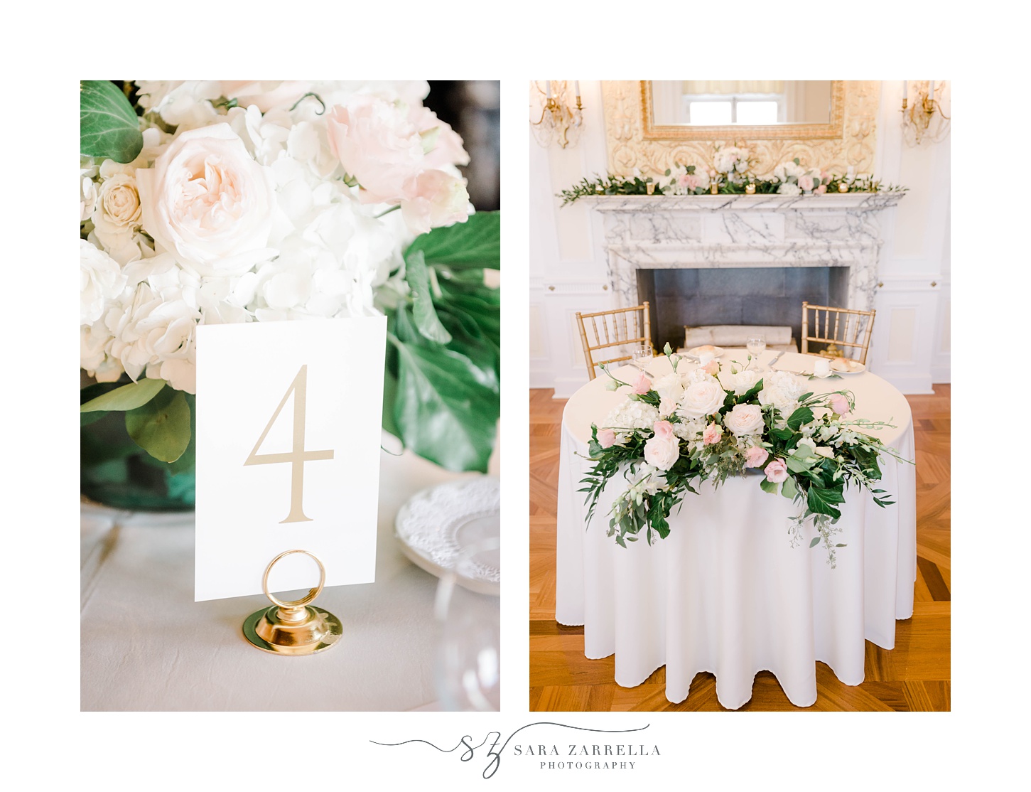 sweetheart table and table number with pink and white roses
