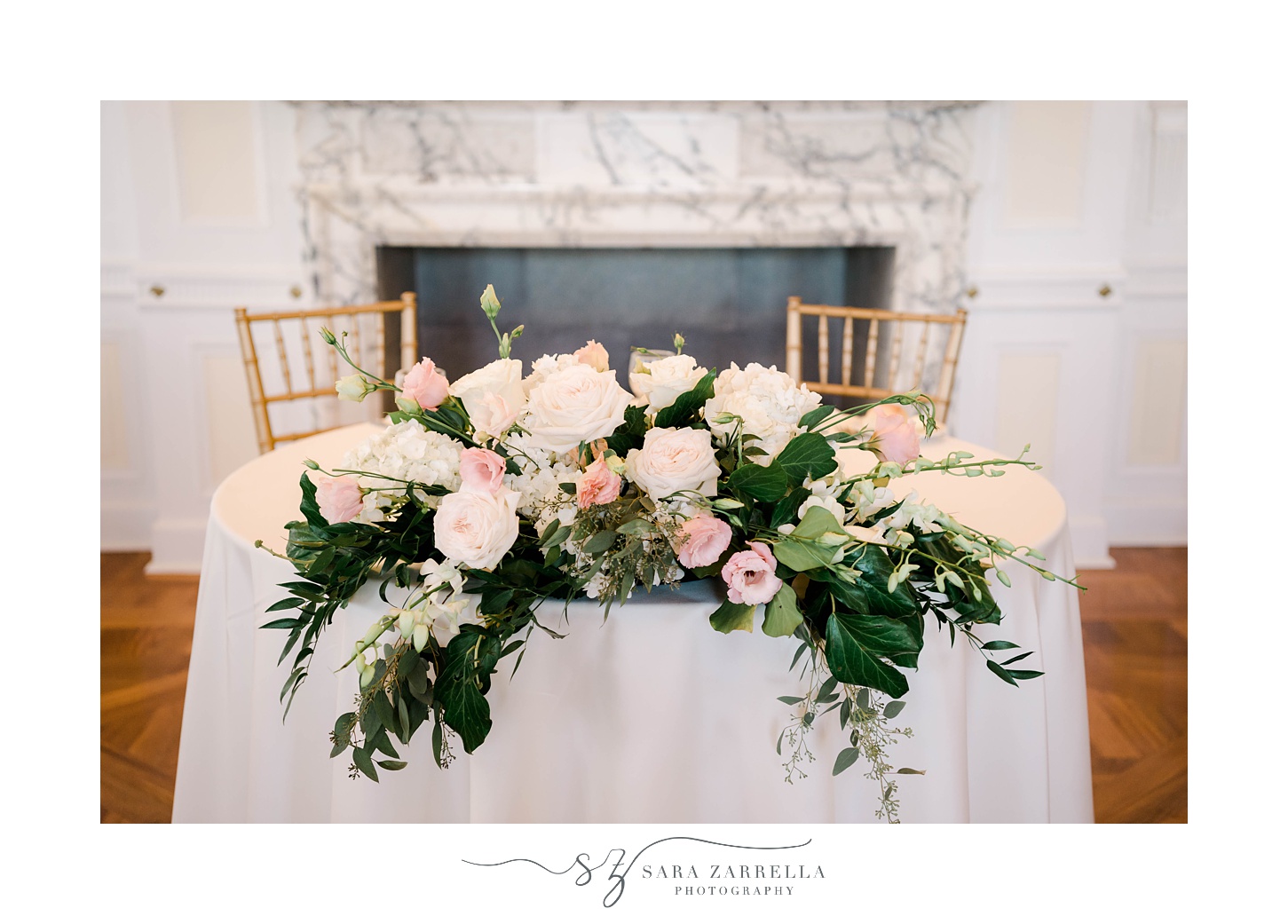pink and white rose table display at Aldrich Mansion